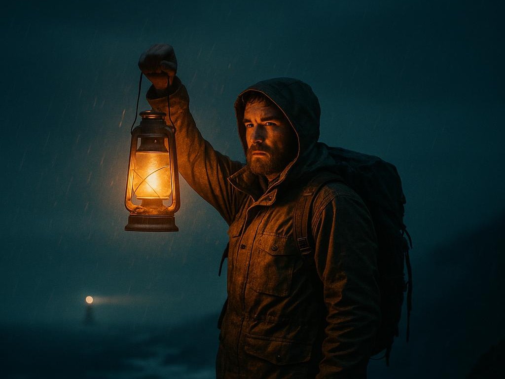 Persona con un farol en medio de la tormenta