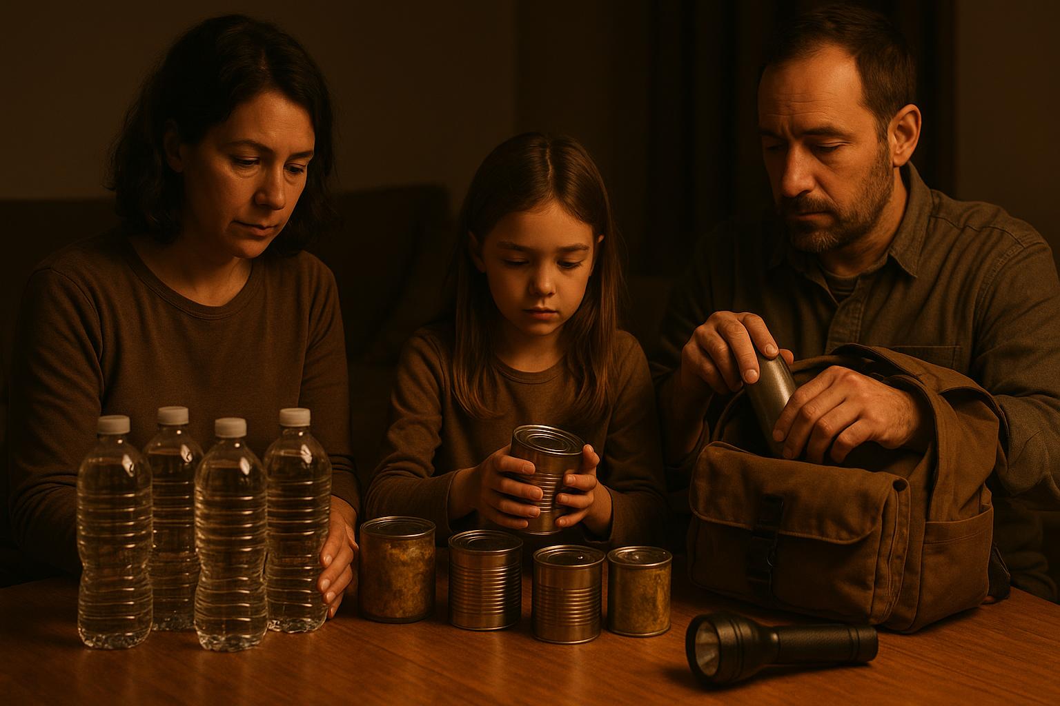 Una familia organizando un kit de emergencia en casa